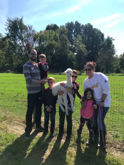 Family enjoying a visit to Majestic Meadows Alpacas petting zoo in Medina Ohio
